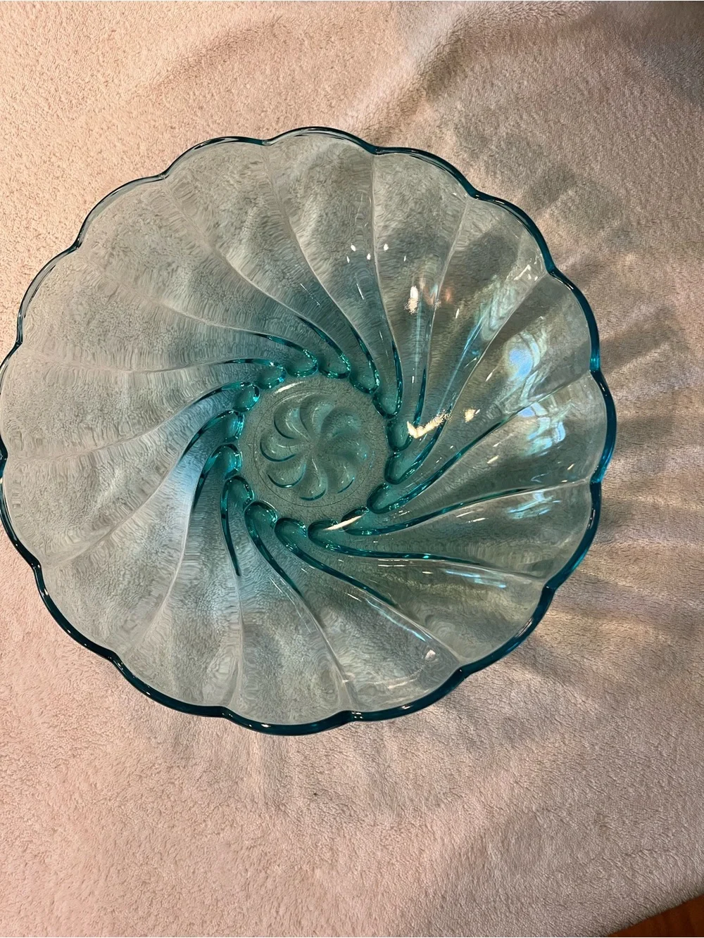Hazel Atlas Capri Blue Glass Bowl Vintage Mid Century Swirl Scalloped 9